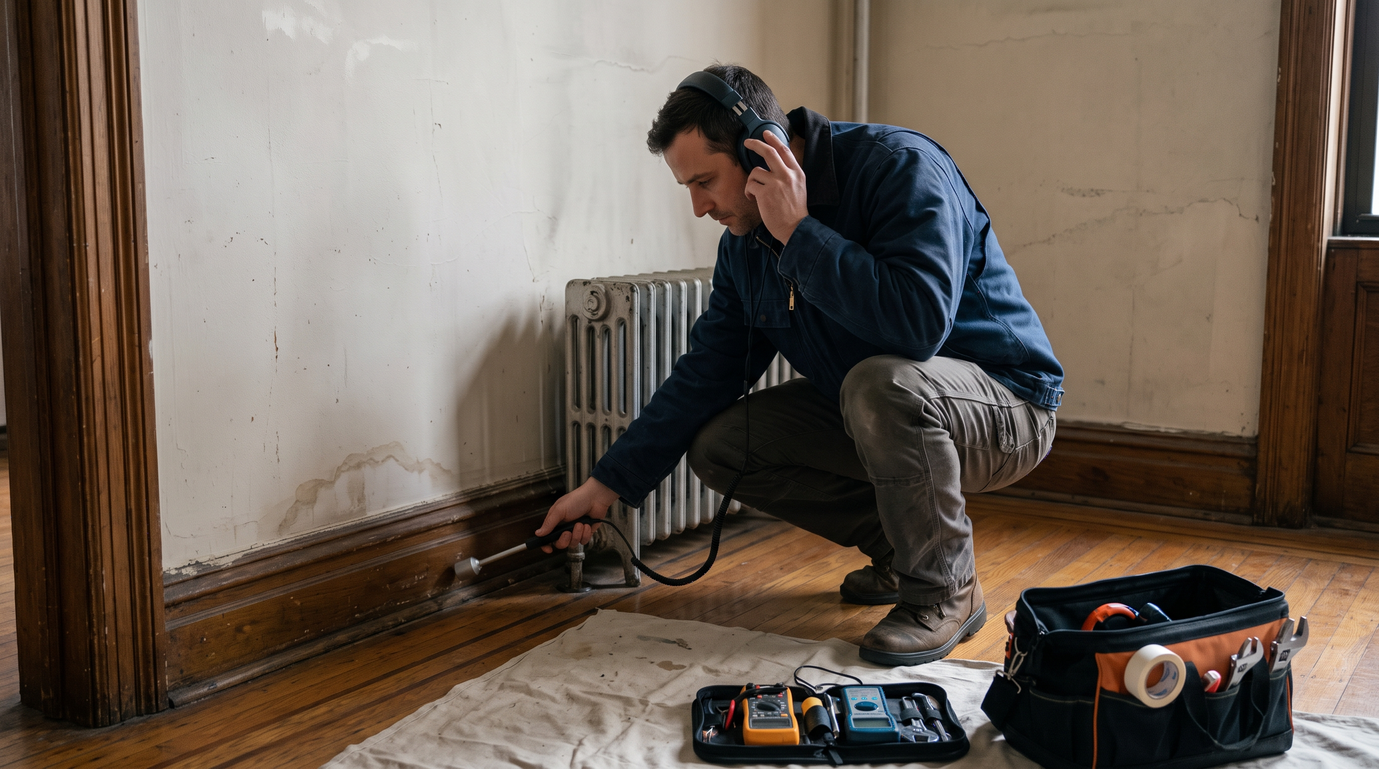 Technician using acoustic listening equipment for non-invasive hidden water leak detection.