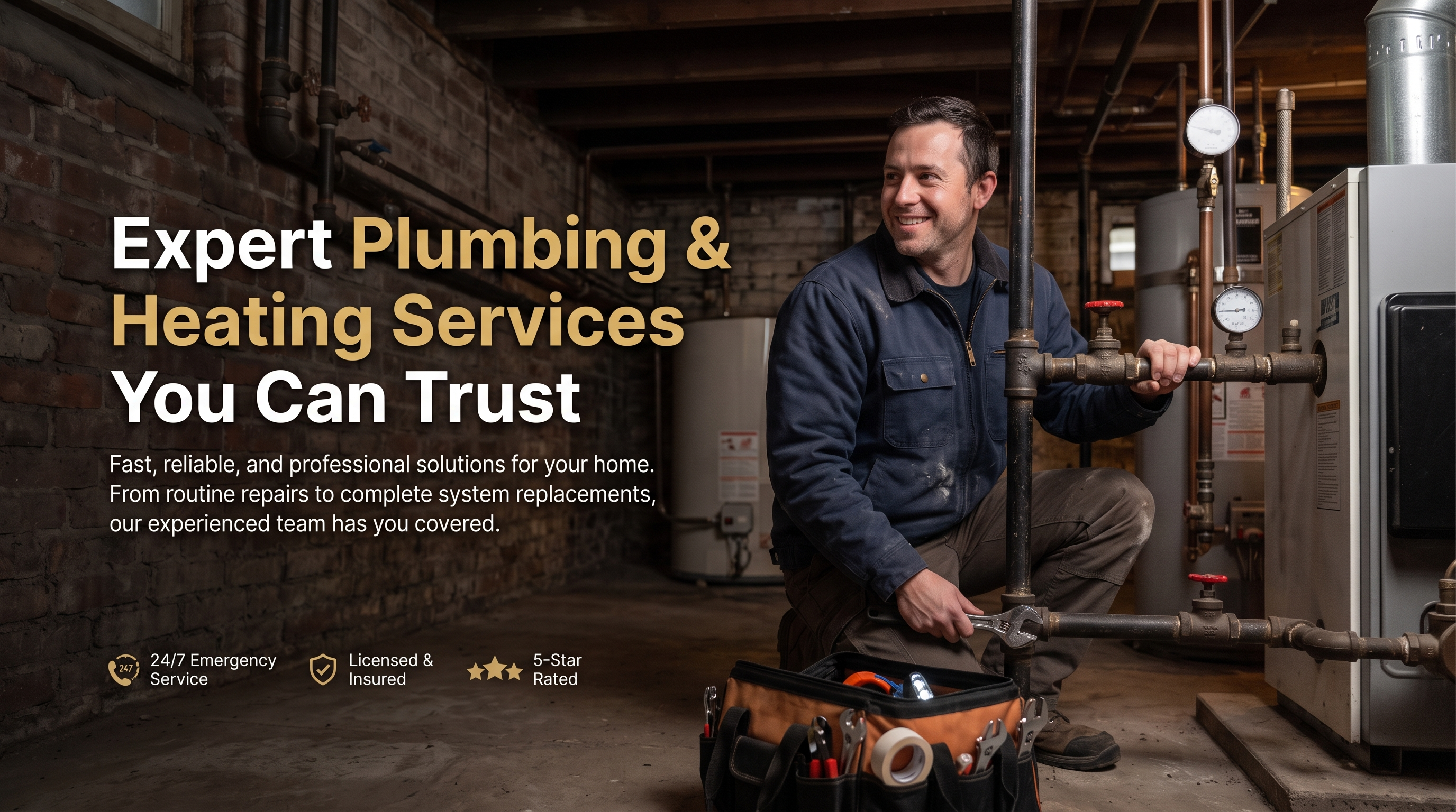 Heating technician working on boiler pipes and valves beside a tool bag in a basement mechanical area.