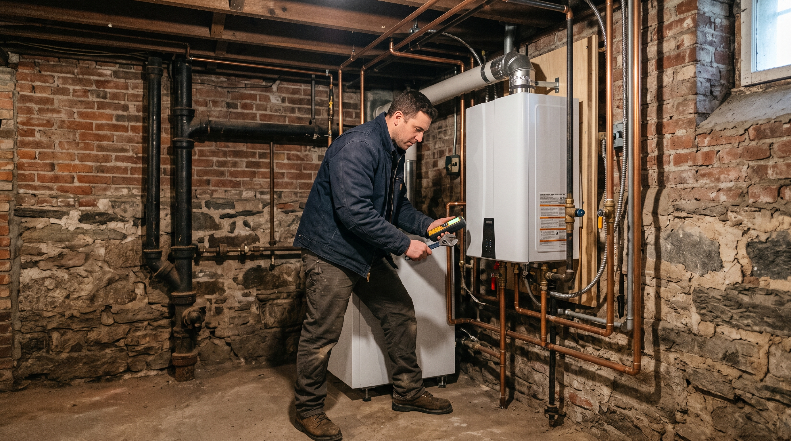 Heating technician inspecting and servicing a wall-mounted high-efficiency boiler.
